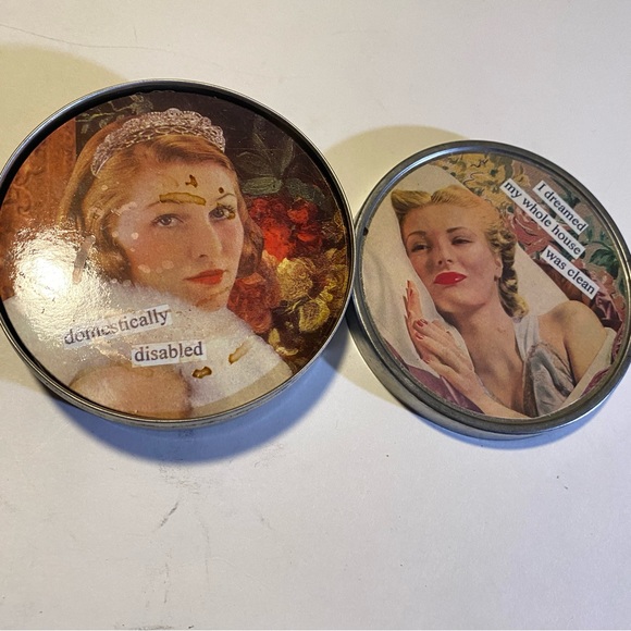 6 Domestic Bliss Coasters GUC in tin by Anne Taintor cork bottoms retro style - Picture 9 of 10